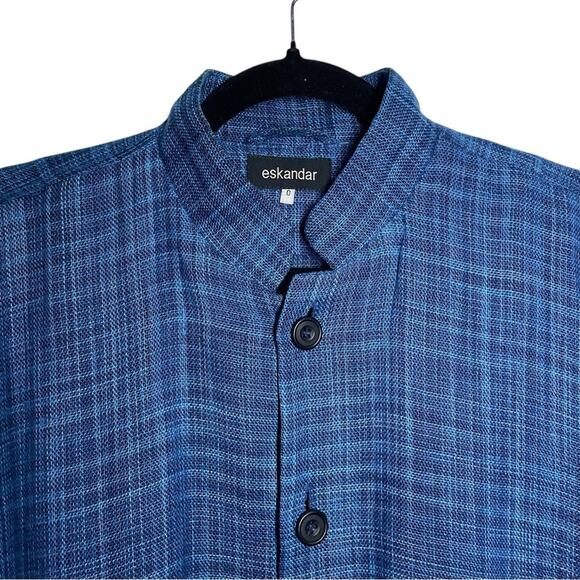 Eskandar Blue Textured Plaid Linen Mandarin Collar Relaxed Button Up Jacket 0 - Picture 4 of 11